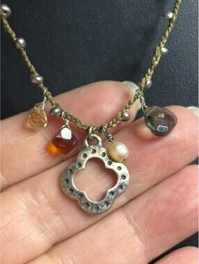 B5352 Stella & Dot Boho Charm Necklace Sterling silver smoky quartz Pearl 18"